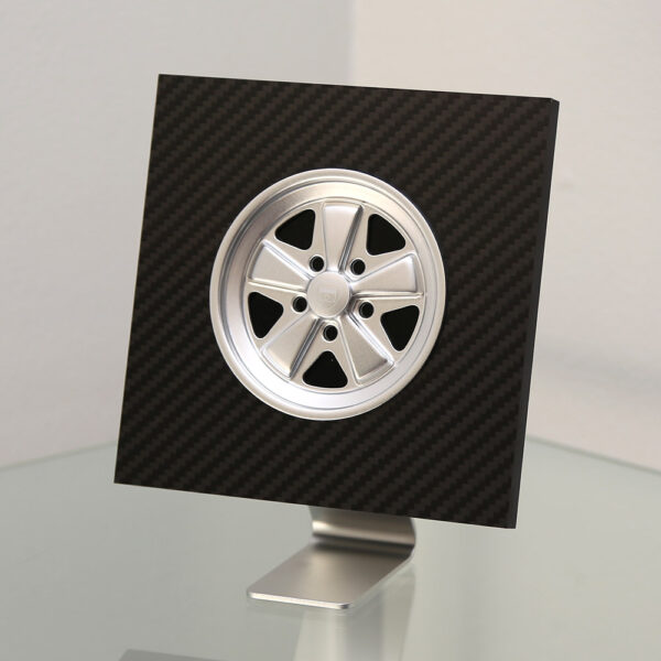 Silver Fuchs inspired wheel in carbon fibre display